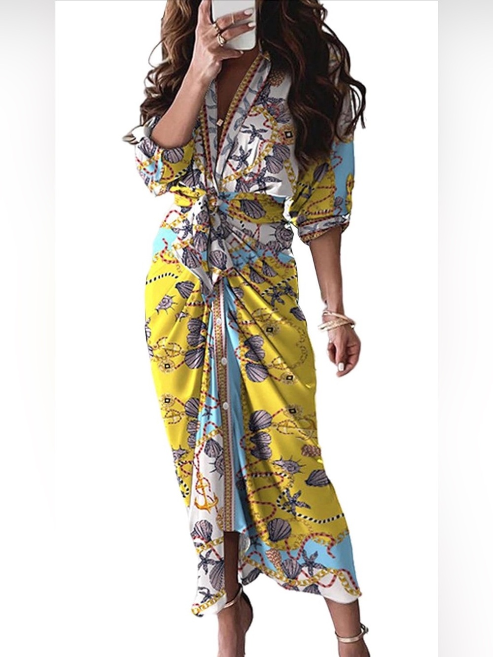 NWOT Bright Yellow & Light Blue Printed Tie-Waist Maxi Dress, Small